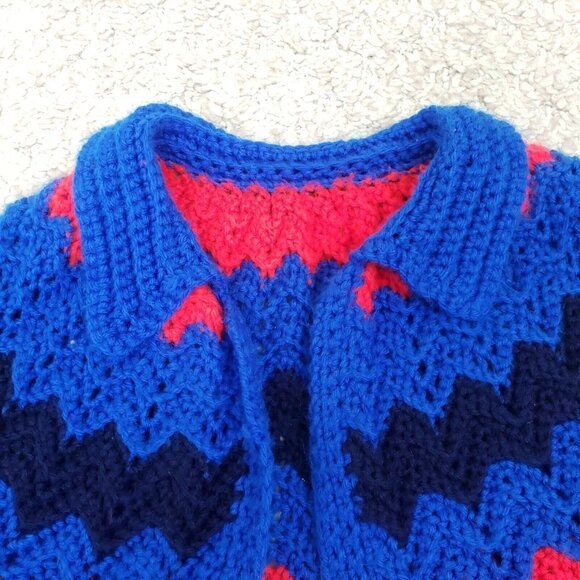 Crochet Granny Square Coat XL Cardigan Handmade Afghan Chevron Rainbow Red Blue - Picture 9 of 11